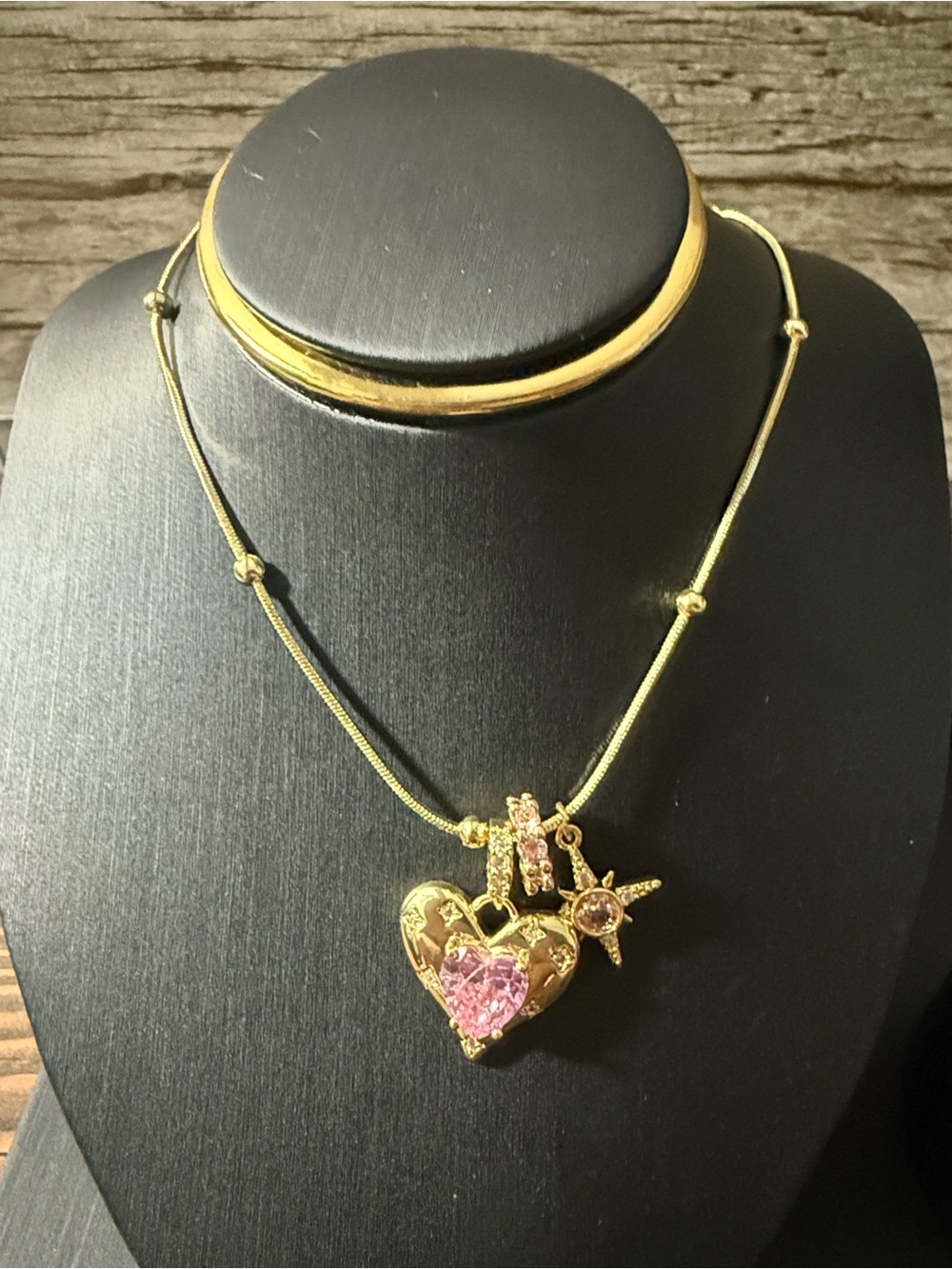 Gold Plated Heart & Star Mini Ring Charms Pendant Necklace with Pink Stones